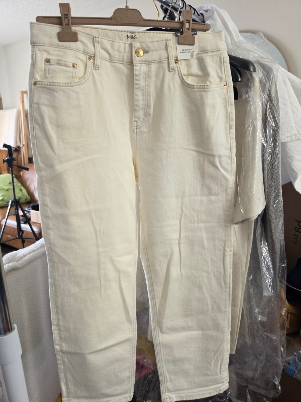 M&S Cream Straight-Leg Ankle Boyfriend Jeans Size 14
